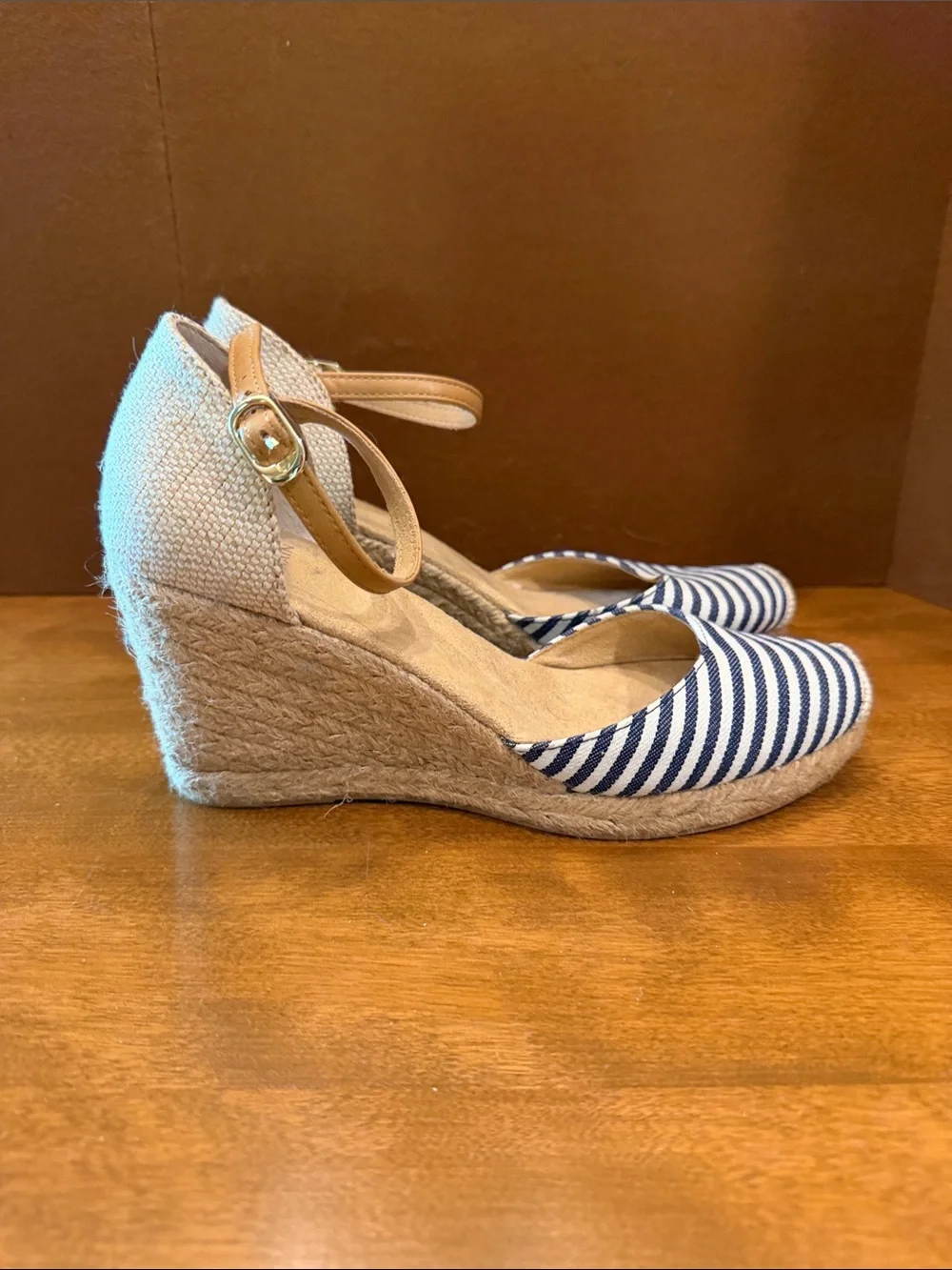 White Mountain Blue and White Striped Espadrille Wedge Sandals